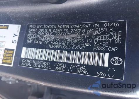 2016 Toyota Prius Two из США, поврежденный, VIN JTDKBRFU3G3508747